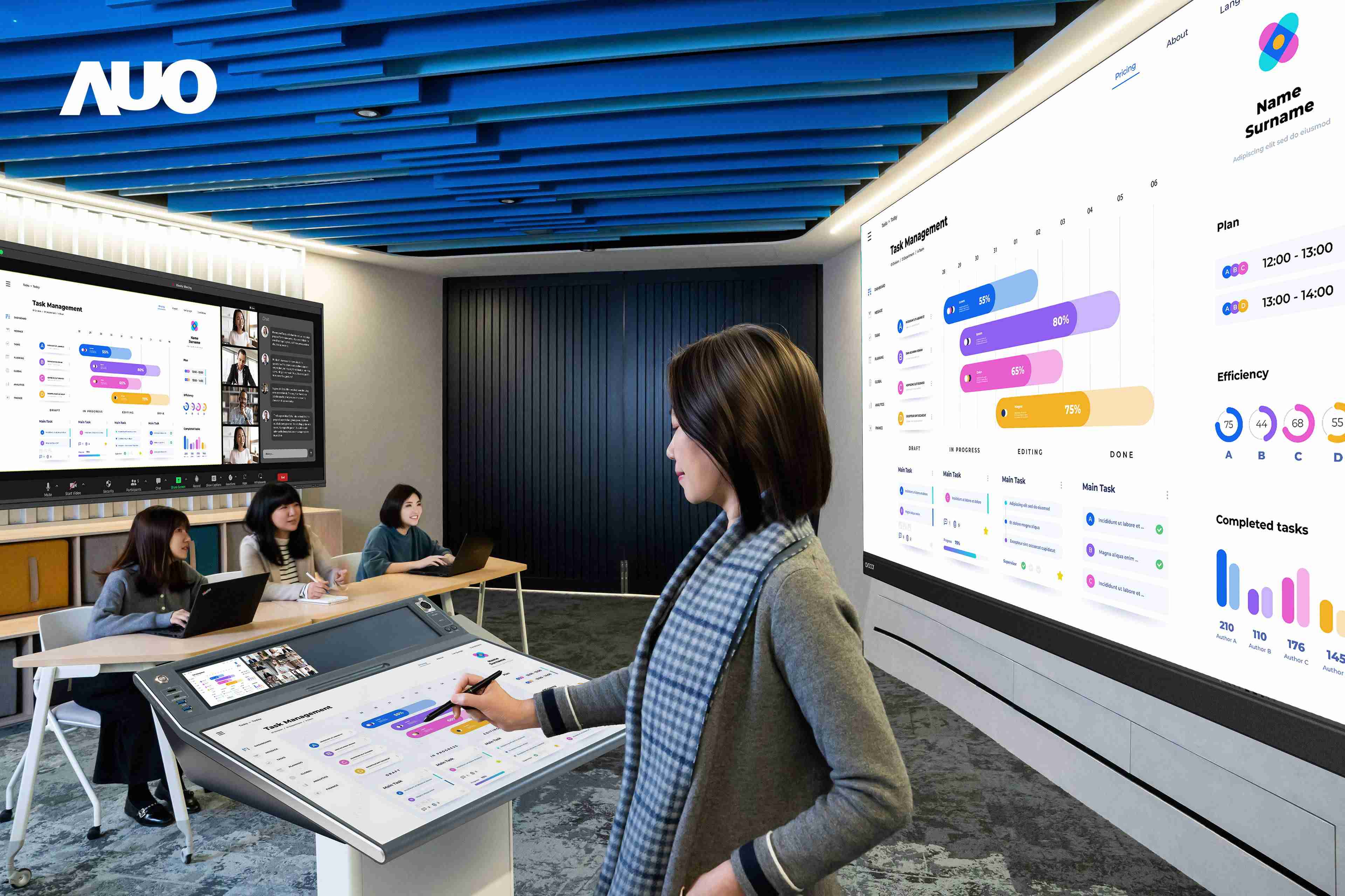 达擎携手Avocor与Rise Vision展示全方位商务领域应用，，，，包含采用模块化设计的138吋一体式All-in-One LED显示器及具21:9超宽比例的92吋交互式电子白板（IFPD），，讲者可轻松分享内容，，，，有效提升会议协作效率。。。。